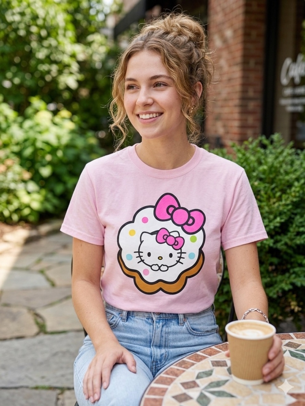 Hello Kitty Cafe LV Pink Graphic T-Shirt XS Donut Kawaii Sanrio Flawed